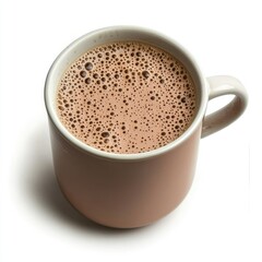 Fototapeta premium Hot chocolate mug, frothy drink, white background, cozy morning, website banner