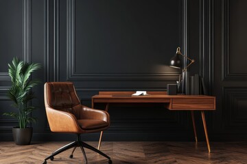Dark study, leather chair, wooden desk, books, plant, herringbone floor
