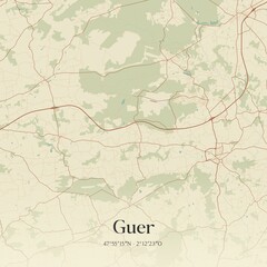 Retro map of Guer, Bretagne, France. Vintage street map.
