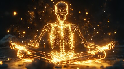 Obraz premium A glowing human skeleton seated in a meditative pose, abstract surreal light effects