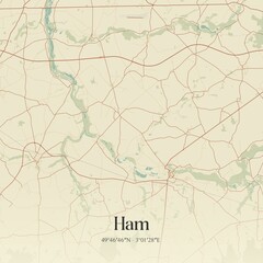 Fototapeta premium Retro map of Ham, Hauts-de-France, France. Vintage street map.
