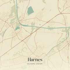 Retro map of Harnes, Hauts-de-France, France. Vintage street map.