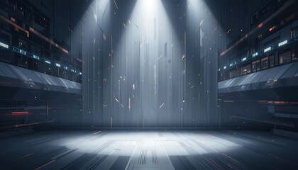 Futuristic Empty Stage with Sleek Grey Walls and Bright Lighting