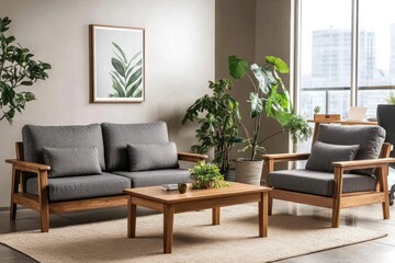 Modern living room with wooden sofa, armchair, coffee table, and plants.