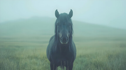 Fototapeta premium Misty field, lone black horse, serene landscape, peaceful nature