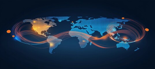 Global Network or Connection Concept, World Map with Data Flow Visualization on Blue Background