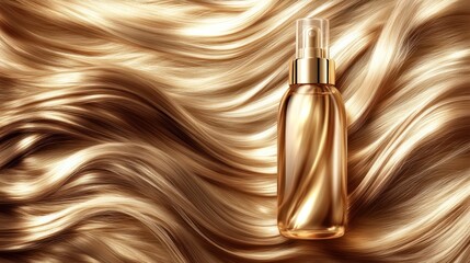Naklejka premium Gold hairspray bottle on flowing blonde hair waves, beauty ad