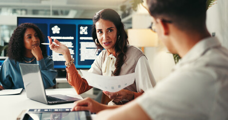 Collaboration, documents and meeting with business people in office together for planning or...