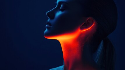 Fototapeta premium Side profile of a woman with visible redness and swelling in her throat area.