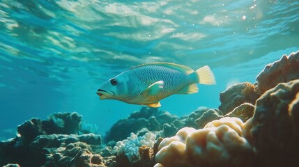Obraz premium Spotted Fish Swimming Near Coral Reef in Vibrant Blue Water