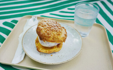 Ice cream choux sandwich on tray