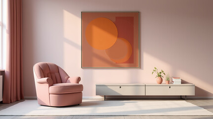 Stylish modern room featuring a pink armchair, abstract orange wall art and minimalist decor.
