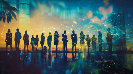 Fototapeta premium Abstract business team stands on the peak of success amid tall, innovative Smart city and graphs with statistics to analyze business potential and predict future developments in company growth