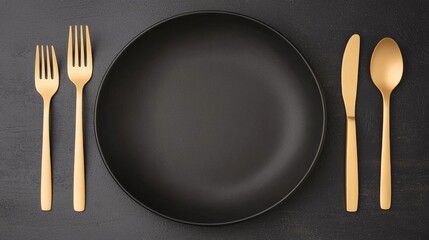 Elegant gold cutlery set on a black plate dining table setting modern aesthetic indoor top view minimalist concept