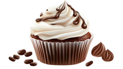 Delicious chocolate cupcake topped with creamy frosting and chocolate drizzle alongside coffee beans
