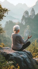 Naklejka premium Fitness and Outdoor Activities An elderly Asian man and woman dance tai chi on the grass, with soft light filtering through the trees. simple environment and gentle pastel colors