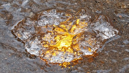 Bubbling water reflection urban street nature scene wet environment close-up view serenity and movement