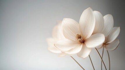 Obraz premium Three Delicate White Magnolia Flowers on Thin Stems, Minimal Floral Composition, Selective Focus