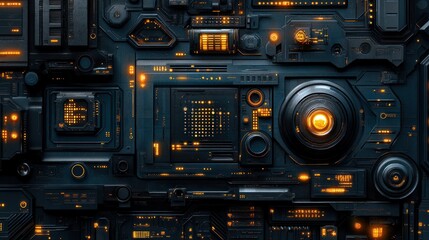 Fototapeta premium Futuristic tech panel glowing orange, detailed circuit board, abstract background, digital art