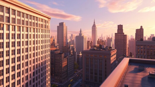 Sunset view of iconic new york city skyline from rooftop urban landscape photography vibrant evening atmosphere