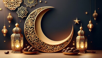Elegant Ramadan Kareem Background with Lanterns, Crescent Moon, and Floral Patterns in Gold and Blue