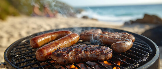 Sizzling Sausages and Steaks on a Grill by the Beach, Australia Day BBQ