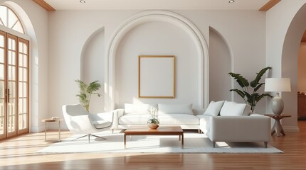 Fototapeta premium Modern living room featuring a sleek white armchair with a statement frame on the wall behind it, paired with a crisp white sofa and an coffee table, set against the backdrop of a arch wall.