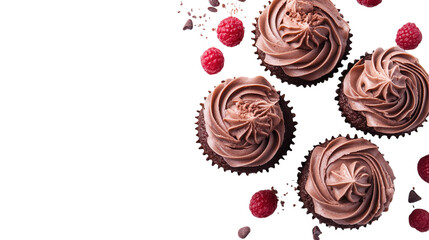 Delicious chocolate cupcakes topped with creamy frosting and fresh raspberries on a white background