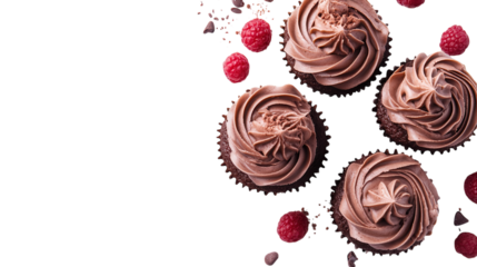 Delicious chocolate cupcakes topped with creamy frosting and fresh raspberries on a white background