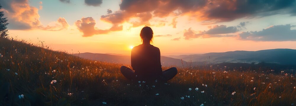 A person sitting cross-legged on a grassy hill, watching the sunset with a peaceful expression