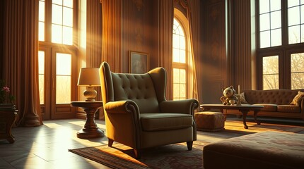 Fototapeta premium Modern interior room with a velvety armchair as the centerpiece, set against a backdrop of windows that allow warm, golden light to pour in, casting a sense of dreamlike wonder.