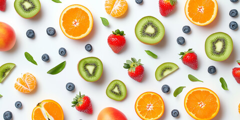 Verschiedene Obstsorten als Hintergrundbild oder Geschenkpapier. Werbebanner Obst Vitamine Früchte