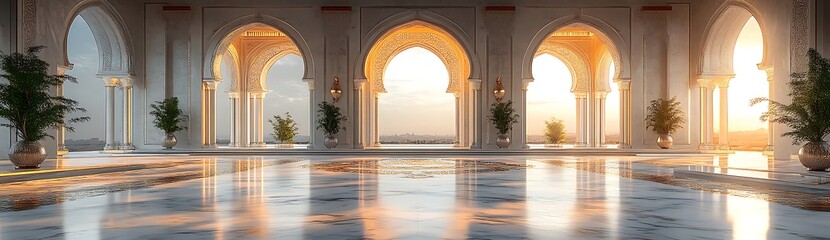 Fototapeta premium Sunlight Streaming Through Archways of a Serene Palatial Corridor with Reflective Flooring