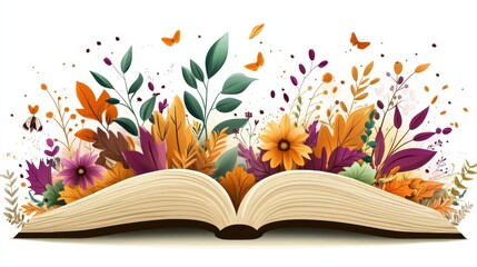 Open book overflowing with vibrant autumnal flowers and butterflies