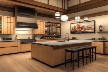 Fototapeta premium Modern Japanese kitchen island, wood cabinets, evening lighting, serene background, home design