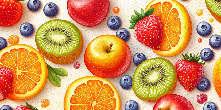 Verschiedene Obstsorten als Hintergrundbild oder Geschenkpapier. Werbebanner Obst Vitamine Fr&uuml;chte