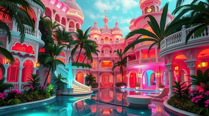 Fototapeta premium a dreamlike and vibrant resort hotel with intricately designed architecture, as if plucked from a fantasy world, capturing the luxurious atmosphere of a tropical getaway.