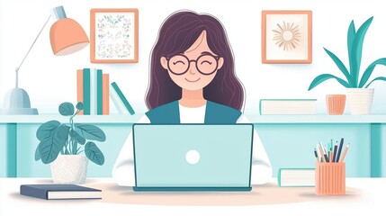 A cheerful woman working at her desk, using a laptop surrounded by plants, books, and decorative art. This image embodies productivity and a pleasant workspace atmosphere.