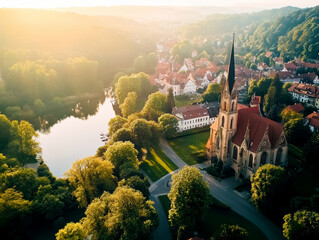 Obraz premium Picturesque cities seen from a drone's perspective. AI generative.