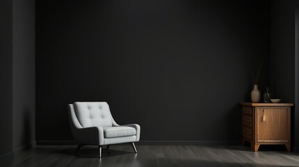 Fototapeta premium Luxury dark living room interior, featuring a sleek grey armchair with a minimalist silhouette, positioned against a large, empty black wall, with a rich wooden chest.