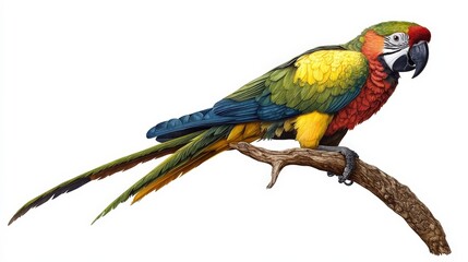 Fototapeta premium Golden-collared Macaw Perched: A vibrant golden-collared macaw with its striking blue, green, yellow, and red plumage, perched on a weathered branch.