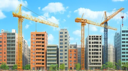 Urban Construction Site with Multiple Tower Cranes and Buildings Under Development