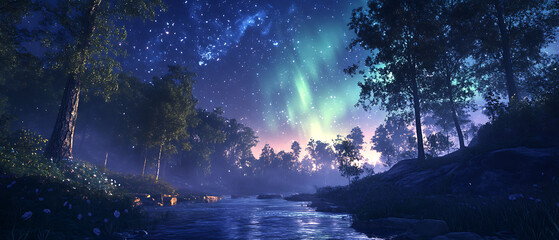 Auroras Illuminating Forest Canopy at Night, Magical Spring Equinox