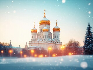 Fototapeta premium A majestic winter scene featuring a beautiful cathedral with golden domes, surrounded by snow-covered trees. The soft glow of lights adds a magical atmosphere to the landscape.