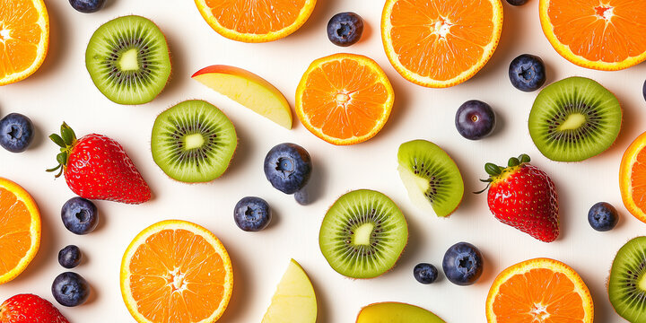 Verschiedene Obstsorten als Hintergrundbild oder Geschenkpapier. Werbebanner Obst Vitamine Fr&uuml;chte