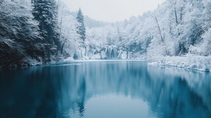 Winter waterfall, snowy forest, serene lake, tranquil scene, nature photography