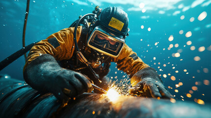 Diver performing underwater welding in vibrant scene, sparks flying