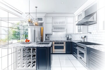 Modern kitchen design blueprint, island, appliances, sunlight, remodel