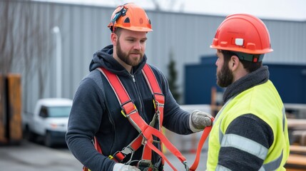 Fototapeta premium Supervisors ensuring that safety harnesses are properly secured for workers at heights.