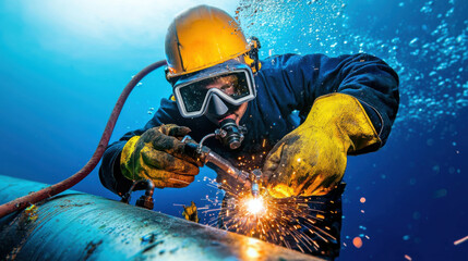 Obraz premium Underwater welder working on pipeline, creating sparks in vibrant scene